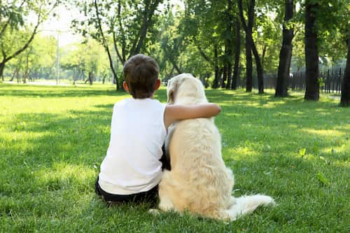 ragazzo con il suo cane a Londra